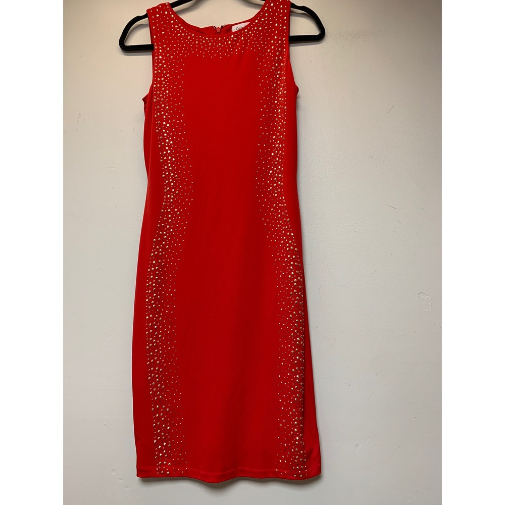 Calvin Klein Sheath Dress Womens 2 Red Excellent Studded Sleeveless Zip Back